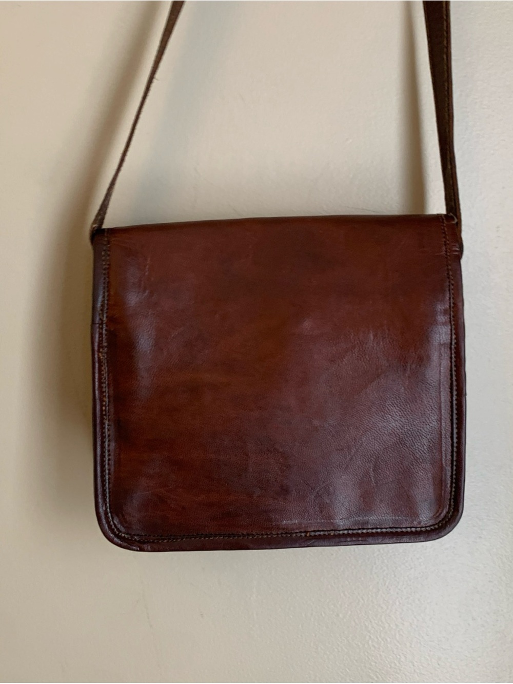 Vtg Waxed Leather Messenger Bag Crossbody Green Canvas Interior Brass Hardware - Picture 11 of 13